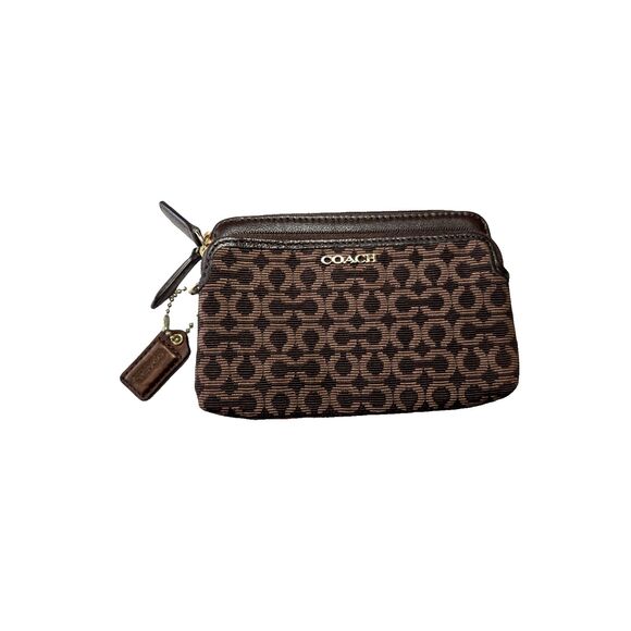 Coach Brown Signature Optic C‎ Double Zip  Wallet Pouch Clutch - Picture 1 of 9